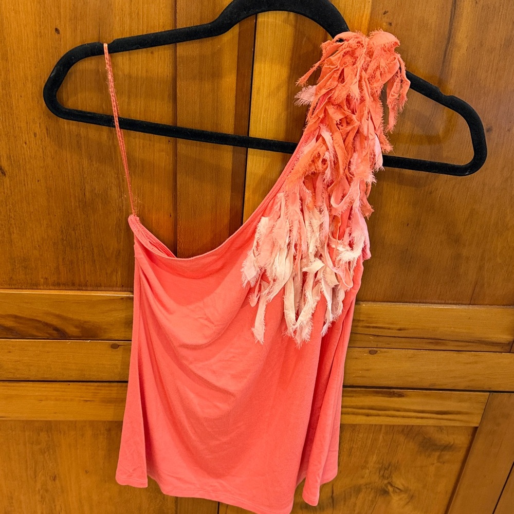 Tina Turk Coral 100% Silk Fringe on One-Shoulder Tank Top